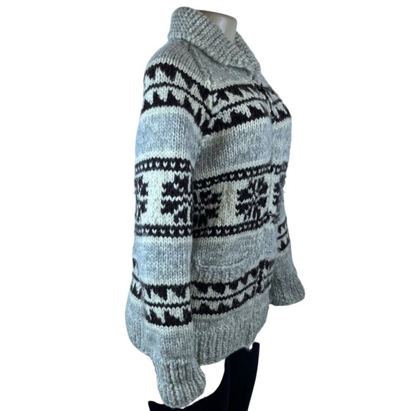 Tuak Unisex Grey & Black Wool Nordic Knit Cardigan Sweater Shawl Collar - Picture 2 of 8